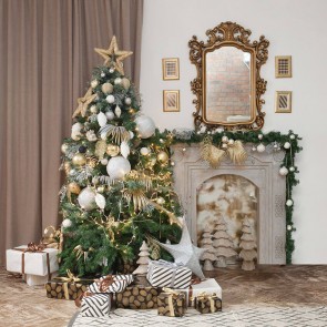 Christmas Photography Backdrops Fireplace Closet Mirror Christmas Tree Background