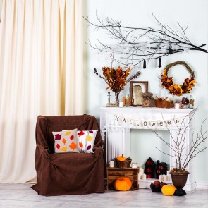 Thanksgiving Day Photography Backdrops Golden Leaves Fireplace Closet White Wall Background