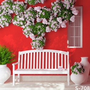 Door Window Photography Backdrops Red Wall Pink Flowers White Chair Background