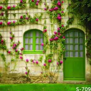 Door Window Photography Backdrops Purple Roses Green Door Greenery Background