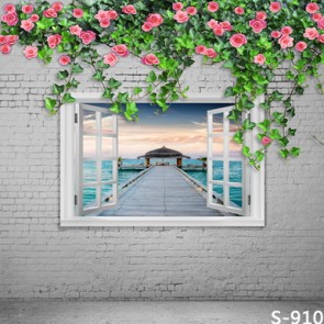 Door Window Photography Backdrops Pink Rose Flower White Brick Wall Background