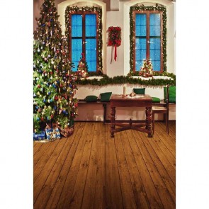 Christmas Photography Backdrops Christmas Socks Blue Glass Window Christmas Tree Wood Floor Background