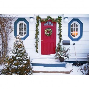 Christmas Photography Backdrops Christmas Wreath White House Blue Window Red Door Background