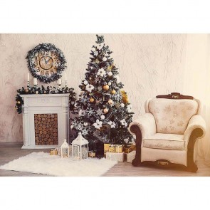 Christmas Photography Backdrops Fireplace Closet  White Clock Christmas Tree Background