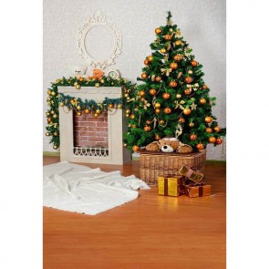 Christmas Photography Backdrops Christmas Tree Brown Wood Floor White Fireplace Closet Background