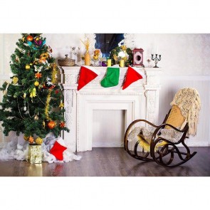 Christmas Photography Backdrops White Fireplace Closet Rocking Chair Christmas Tree Background