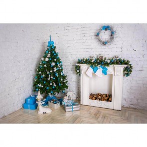 Christmas Photography Backdrops Christmas Tree Fireplace Closet White Brick Wall Blue Gift Box Background