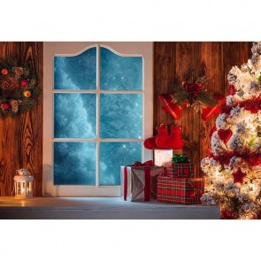 Christmas Photography Backdrops Blue Sky Outside Window Brown Wood Wall Gift Box Background