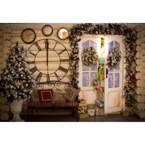 Christmas Photography Backdrops Wood Door Clock Christmas Tree Decoration Gift Box Background