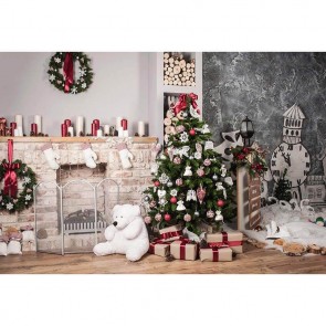 Christmas Photography Backdrops Fireplace Closet Christmas Tree White Bear Dolls Background