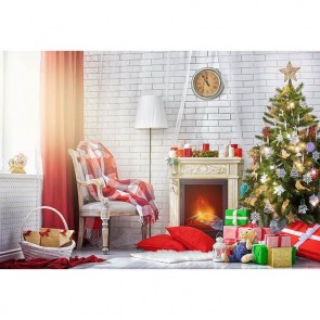 Christmas Photography Backdrops Christmas Tree Red Curtains White Brick Wall Background