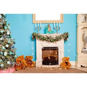 Christmas Photography Backdrops Blue Wall Christmas Tree Teddy Bear Dolls Fireplace Closet Background