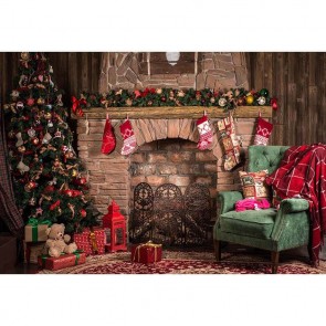 Christmas Photography Backdrops Settee Christmas Tree Wood Wall Fireplace Closet Background