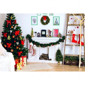 Christmas Photography Backdrops White Fireplace Closet Ladder Christmas Tree Background