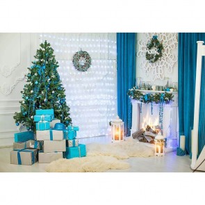 Christmas Photography Backdrops Christmas Tree Blue White Gift Box Fireplace Closet Background