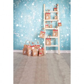 Christmas Photography Backdrops Gift Box White Ladder Grey Wood Floor Snowflakes Blue Wall Background