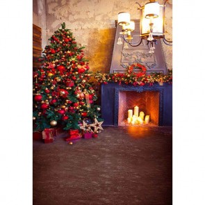 Christmas Photography Backdrops Christmas Tree Fireplace Closet Brown Flooring Background