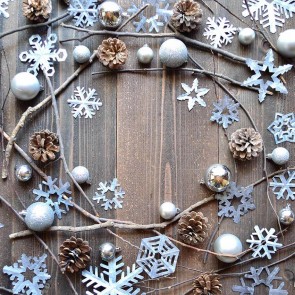 Christmas Photography Backdrops Snowflakes Pinecone Brown Wood Wall Tree Branches Background