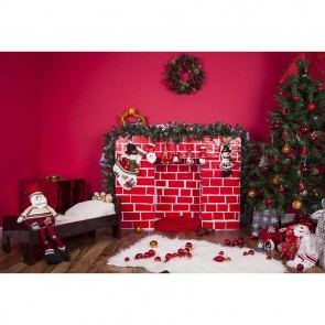 Christmas Photography Backdrops Fireplace Closet Red Brick Red Wall Christmas Tree Background