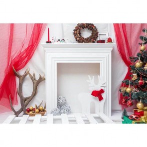 Christmas Photography Backdrops Red Curtains White Fireplace Closet Christmas Tree Background