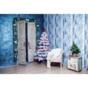 Christmas Photography Backdrops Blue Wood Wall Old Door White Christmas Tree Background