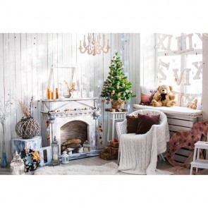 Christmas Photography Backdrops White Wood Wall Fireplace Closet Bear Dolls Background