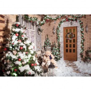 Christmas Photography Backdrops Courtyard Christmas Tree Brown Wooden Door Background
