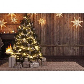Christmas Photography Backdrops Christmas Tree Lights Brown Wood Wall Gift Box Background