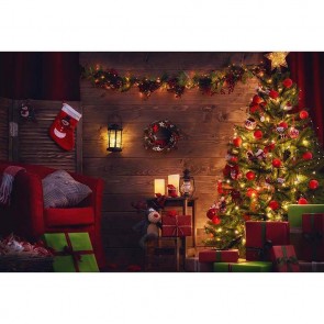 Christmas Photography Backdrops Brown Wood Floor Gift Box Christmas Tree Background