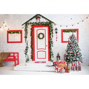 Christmas Photography Backdrops Door And Windows Model Christmas Tree White Brick Wall Background