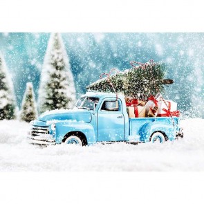 Christmas Photography Backdrops Blue Car Christmas Tree Snowy Blue Background