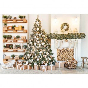 Christmas Photography Backdrops Christmas Tree Wood White Fireplace Closet Background