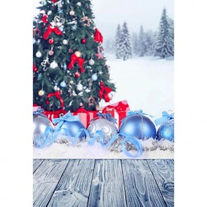 Christmas Photography Backdrops Christmas Tree Blue Light Ball Snow Wood Floor Background