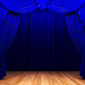 Blue Curtain Wood Floor Photography Backdrops Large Stage Background