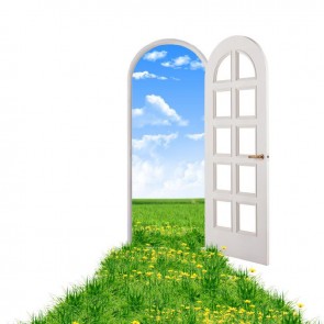 White Door Yellow Flowers Photography Backdrops Abstract Grass Blue Sky Background