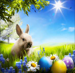 Bunny Photography Backdrops Blue Sky Grassland Easter Eggs Background