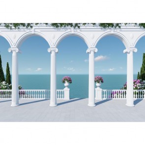 Photography Backdrops White Pillars Sea Flowers Tourist Background