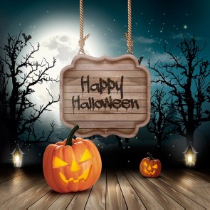 Photography Backdrops Pumpkin Lantern Dead Tree Halloween Wood Floor Background