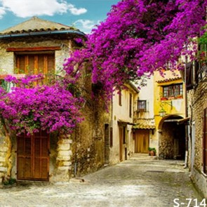 Tourist Photography Background Purple Flowers Tree House Backdrops