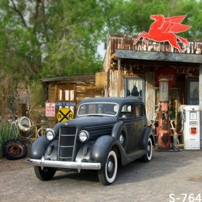Photography Backdrops Suburban Gas Station Old Car Background