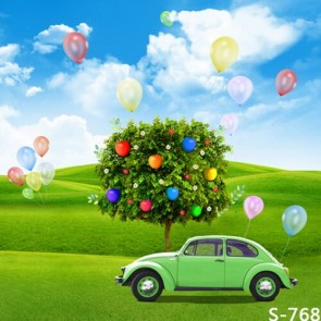 Photography Backdrops Cartoon Balloon Prairie Green Sedan Background