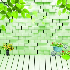 Photography Backdrops Leaves Flowers Light Blue Brick Wall White Wood Floor Background