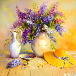 Photography Background Flowers Lavender Vase Hat Oil Painting Backdrops